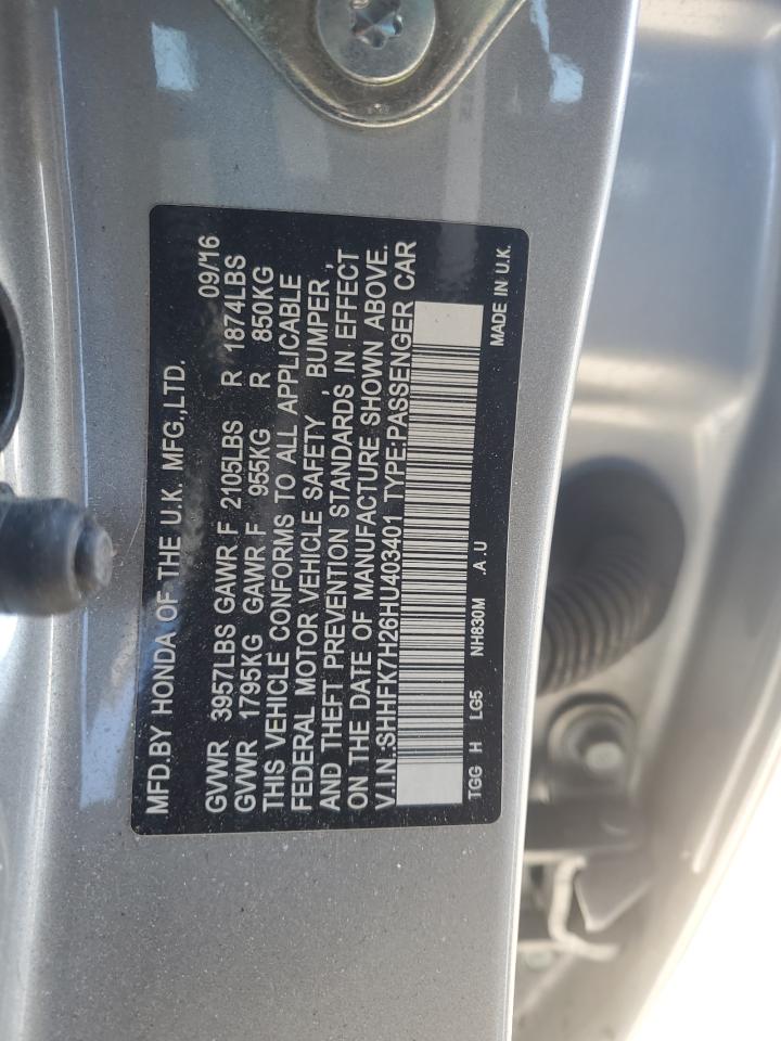 2017 Honda Civic VIN SHHFK7H26HU403401 Copart auction photo, side / minor dent/scratches damage thumbnail 14