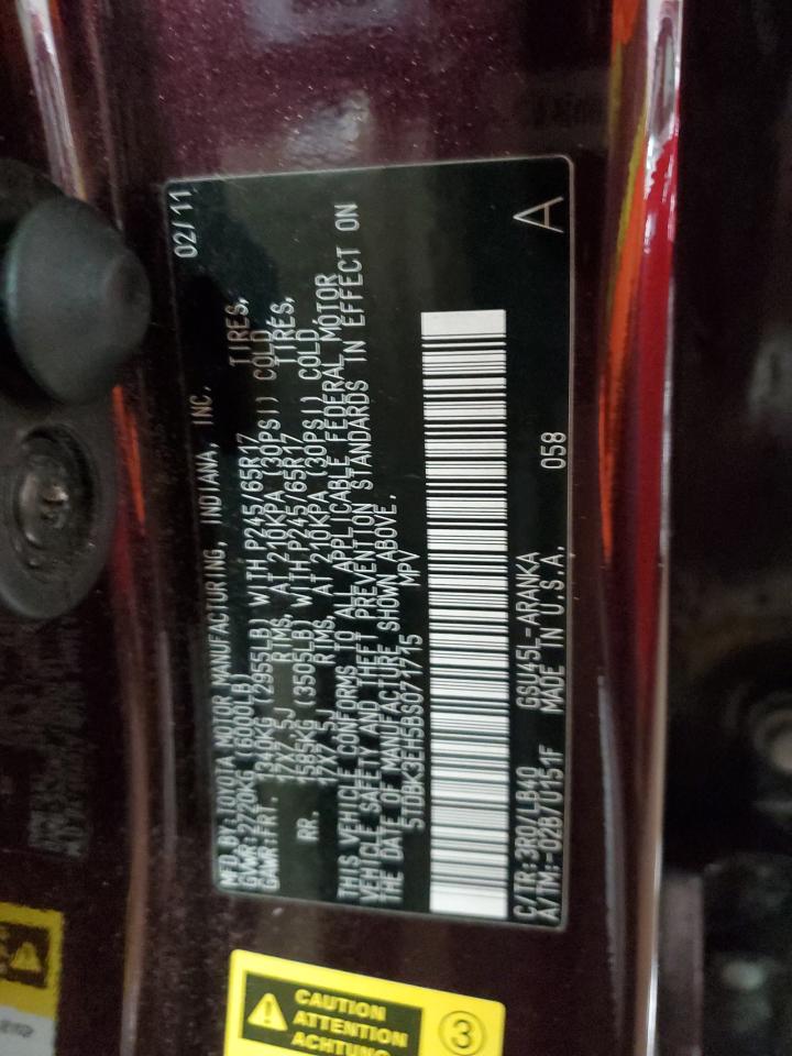 2011 Toyota Highlander VIN 5TDBK3EH5BS071715 Copart auction photo, front end / side damage thumbnail 14