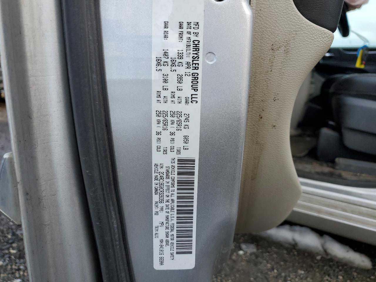 2012 Chrysler Town & Country VIN 2C4RC1BG0CR326356 Copart auction photo, front end damage thumbnail 15