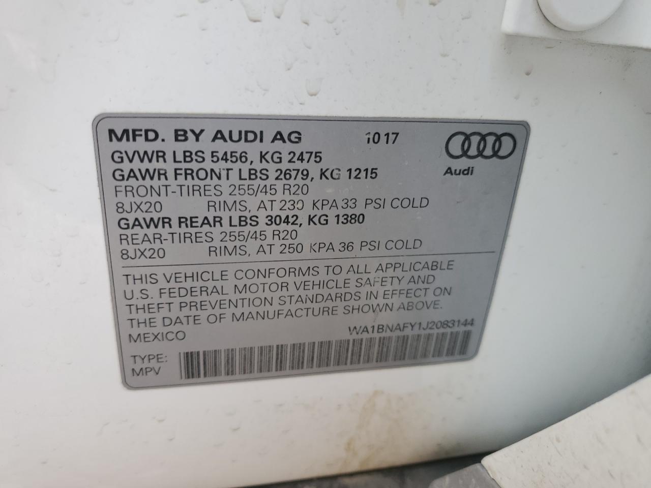 2018 Audi Q5 VIN WA1BNAFY1J2083144 Copart auction photo, front end damage thumbnail 13