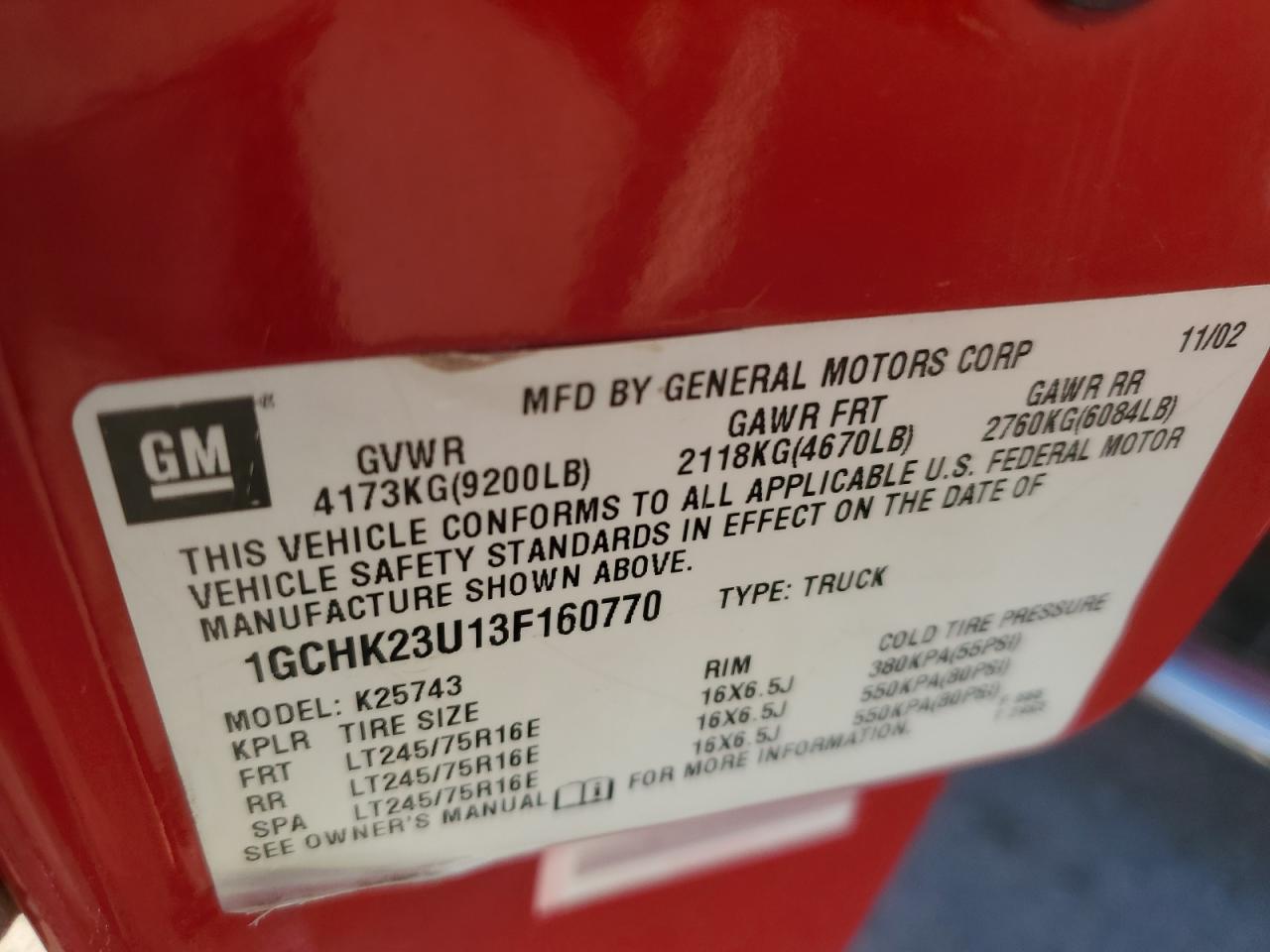 2003 Chevrolet Silverado VIN 1GCHK23U13F160770 Copart auction photo, all over / undercarriage damage thumbnail 15