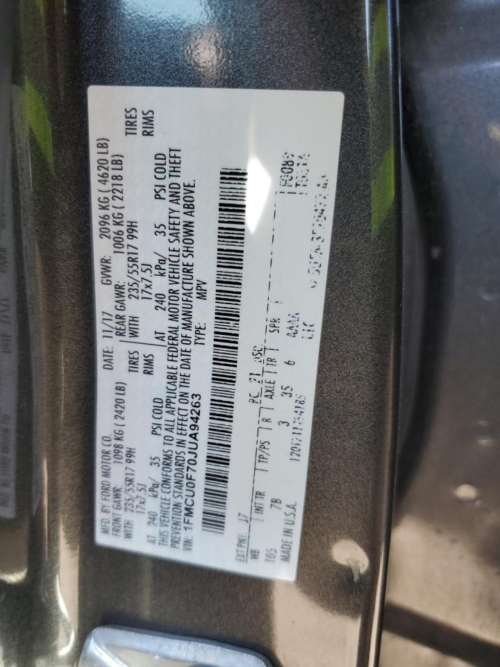 2018 Ford Escape VIN 1FMCU0F70JUA94263 Copart auction photo, front end / undercarriage damage thumbnail 13