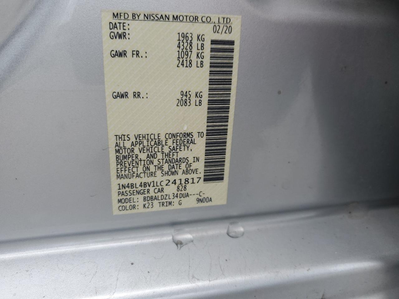 2020 Nissan Altima VIN 1N4BL4BV1LC241817 Copart auction photo, front end damage thumbnail 15