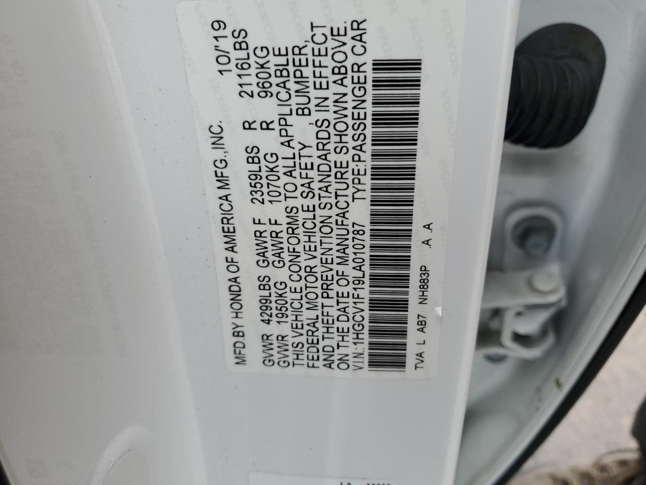 2020 Honda Accord VIN 1HGCV1F19LA010787 Copart auction photo, all over damage thumbnail 12