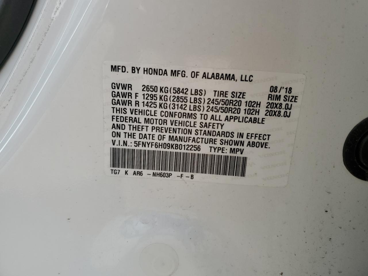 2019 Honda Pilot VIN 5FNYF6H09KB012256 Copart auction photo, front end / side damage thumbnail 15
