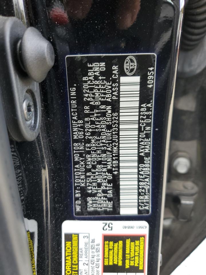 2018 Toyota Camry VIN 4T1B11HK2JU135326 Copart auction photo, front end damage thumbnail 12