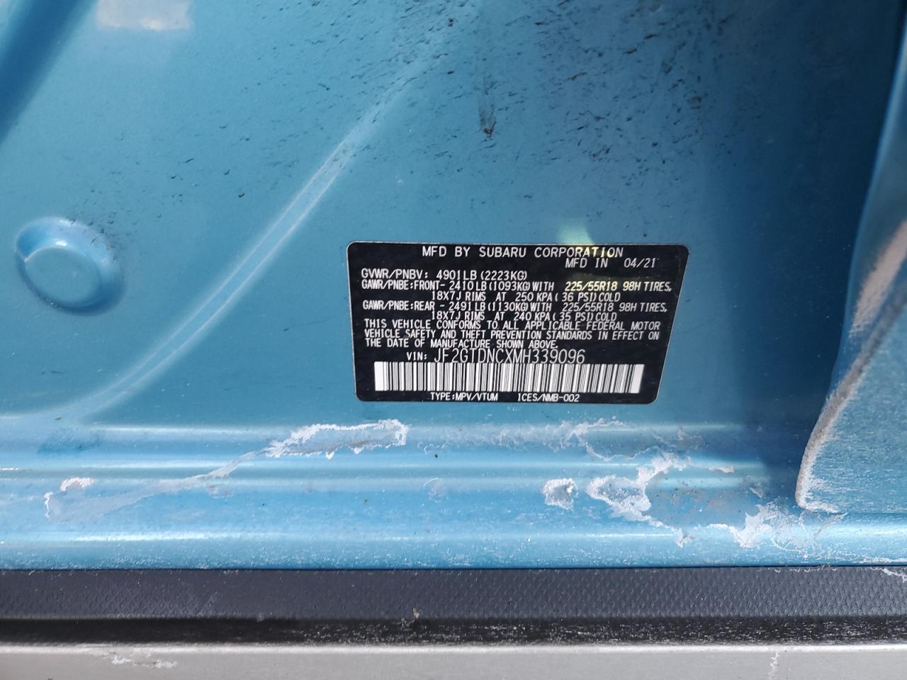 2021 Subaru XV VIN JF2GTDNCXMH339096 Copart auction photo, all over / top/roof damage thumbnail 13
