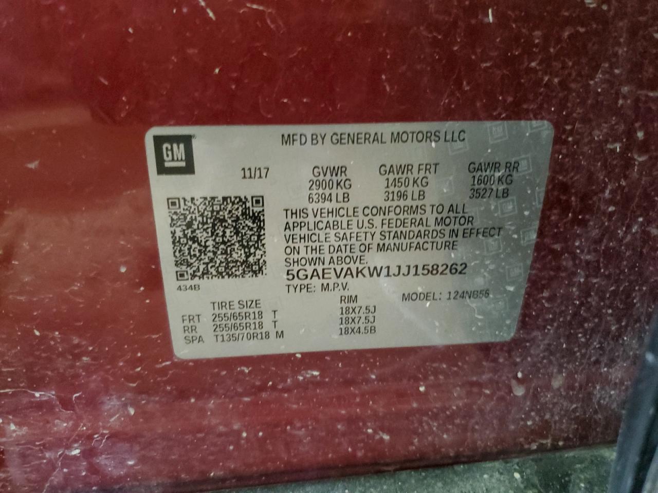 2018 Buick Enclave VIN 5GAEVAKW1JJ158262 Copart auction photo, side damage thumbnail 13