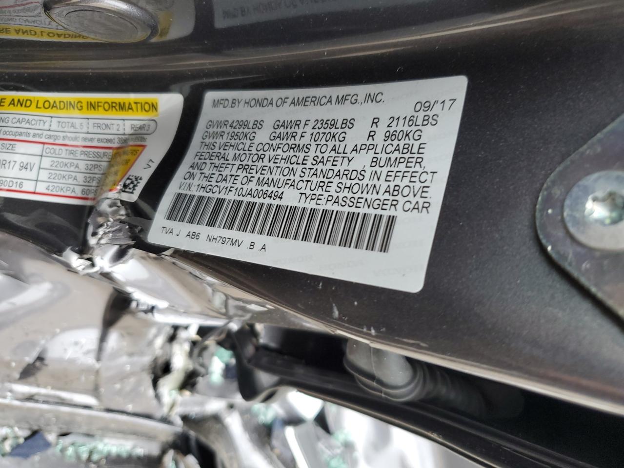 2018 Honda Accord VIN 1HGCV1F10JA006494 Copart auction photo, side / front end damage thumbnail 14