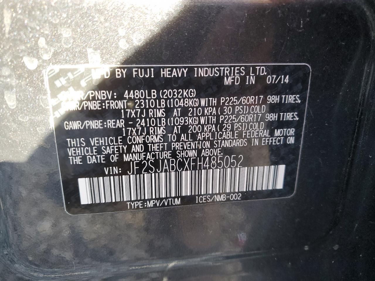 2015 Subaru Forester VIN JF2SJABCXFH485052 Copart auction photo, front end damage thumbnail 13