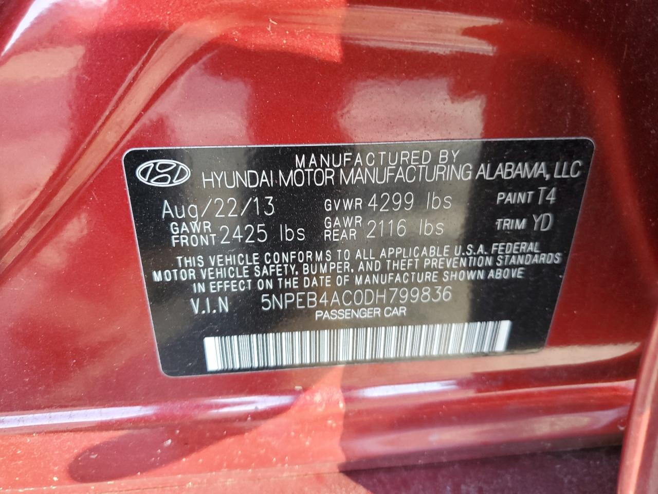 2013 Hyundai Sonata VIN 5NPEB4AC0DH799836 Copart auction photo, front end damage thumbnail 14