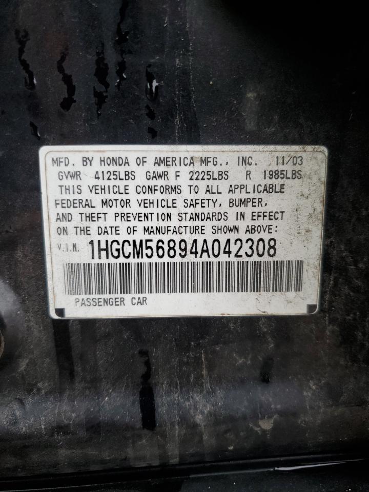 2004 Honda Accord VIN 1HGCM56894A042308 Copart auction photo, all over damage thumbnail 12