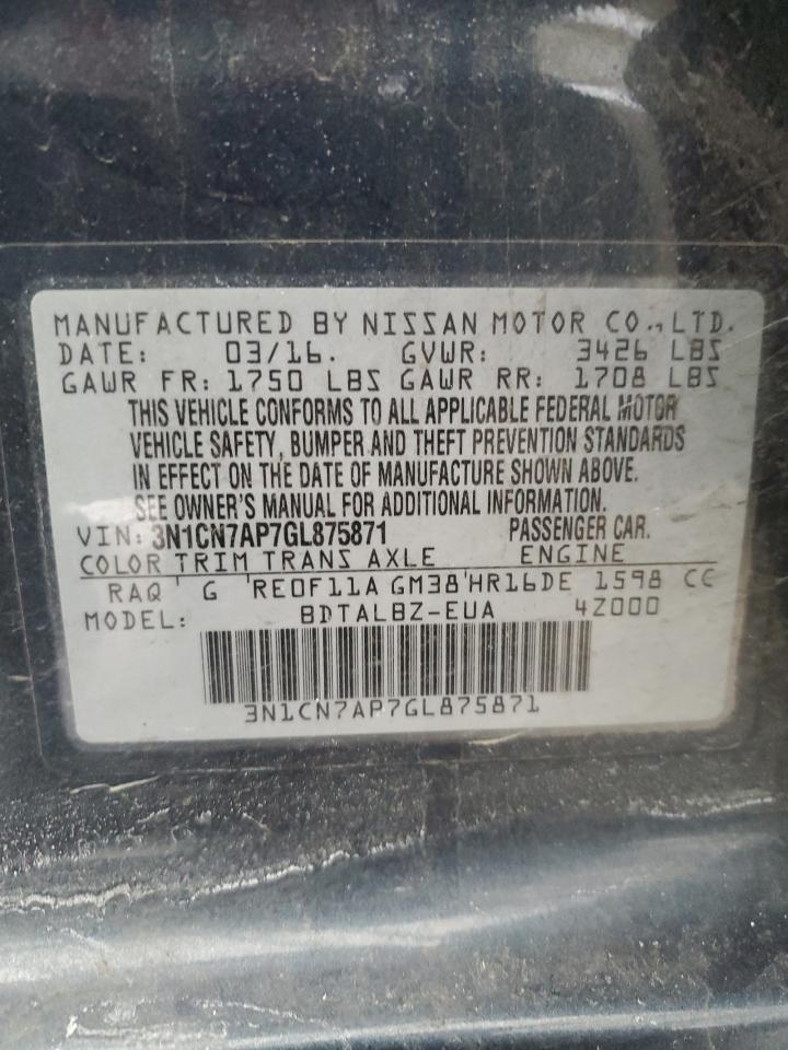2016 Nissan Versa VIN 3N1CN7AP7GL875871 Copart auction photo, front end damage thumbnail 12