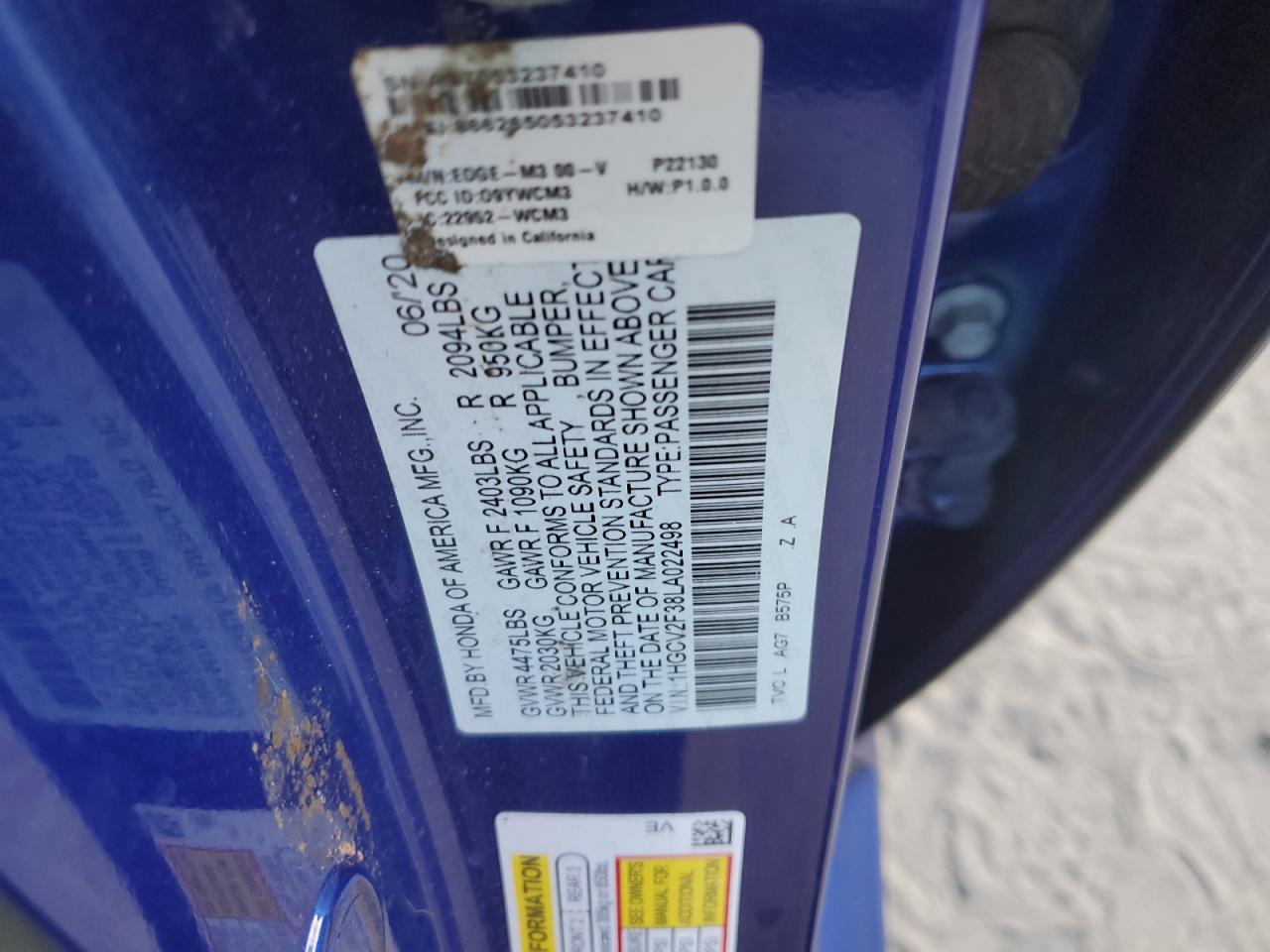 2020 Honda Accord VIN 1HGCV2F38LA022498 Copart auction photo, front end / water/flood damage thumbnail 12