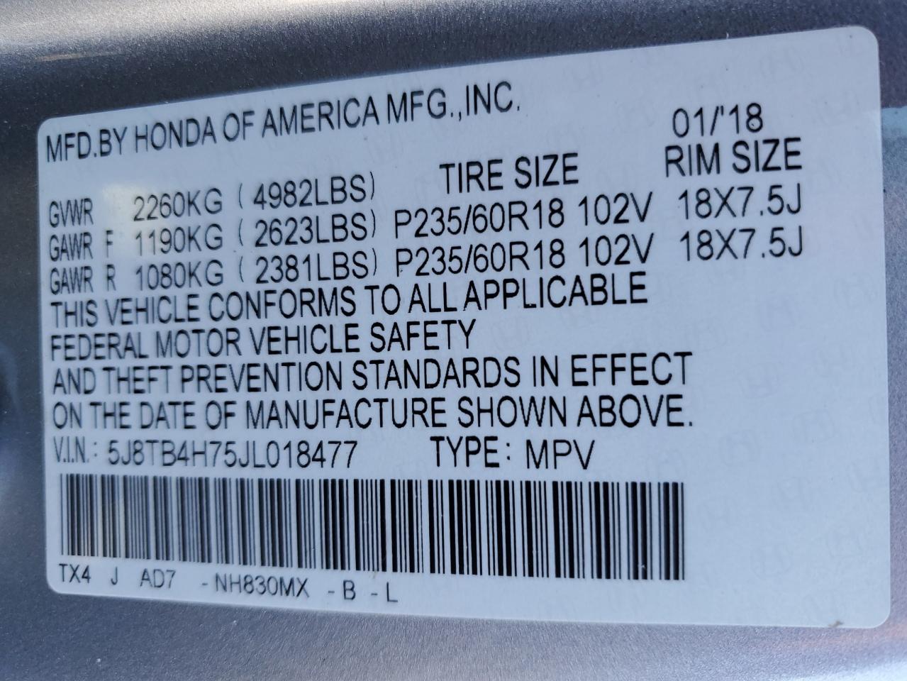2018 Acura RDX VIN 5J8TB4H75JL018477 Copart auction photo, front end / side damage thumbnail 13