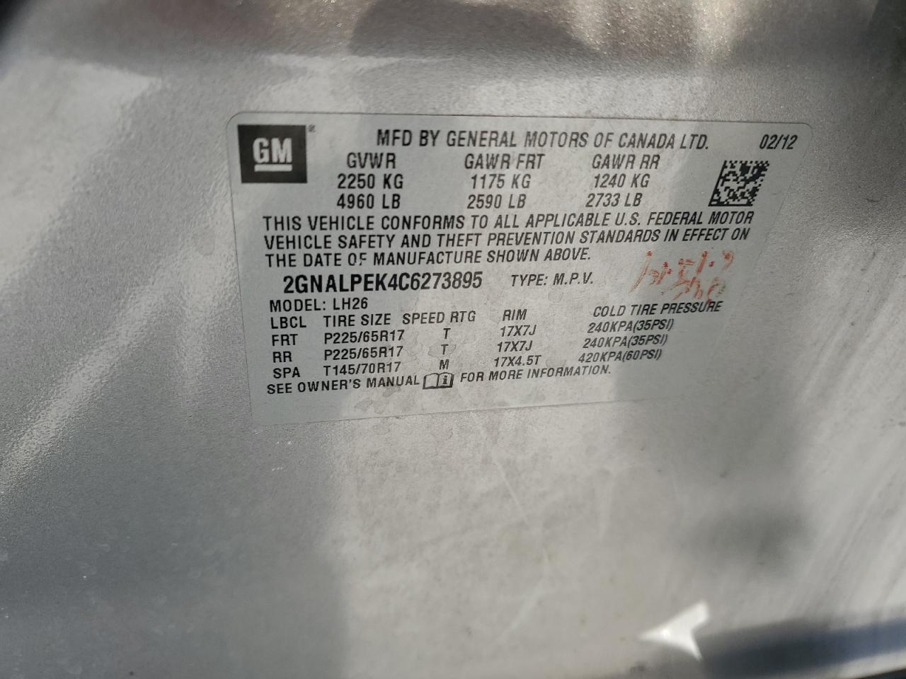 2012 Chevrolet Equinox VIN 2GNALPEK4C6273895 Copart auction photo, front end damage thumbnail 14