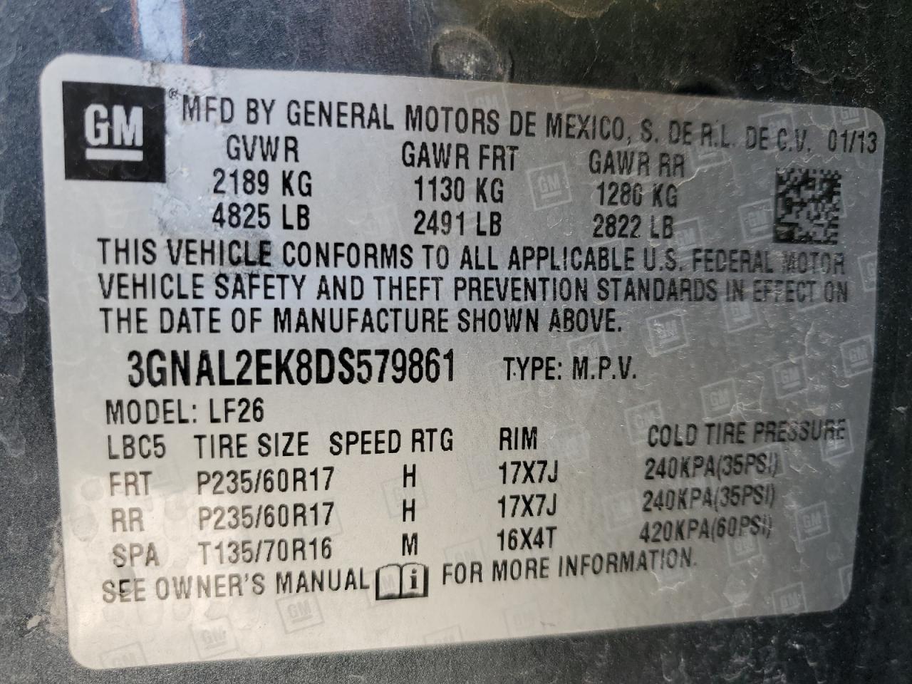 2013 Chevrolet Captiva VIN 3GNAL2EK8DS579861 Copart auction photo, front end damage thumbnail 14