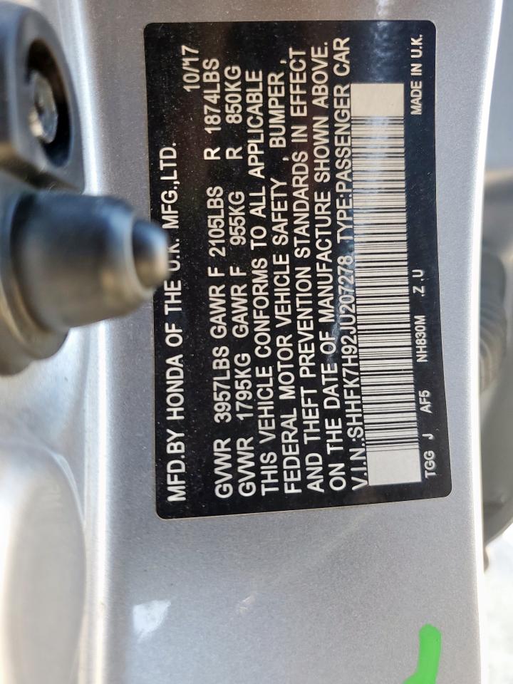 2018 Honda Civic VIN SHHFK7H92JU207278 Copart auction photo, side damage thumbnail 12