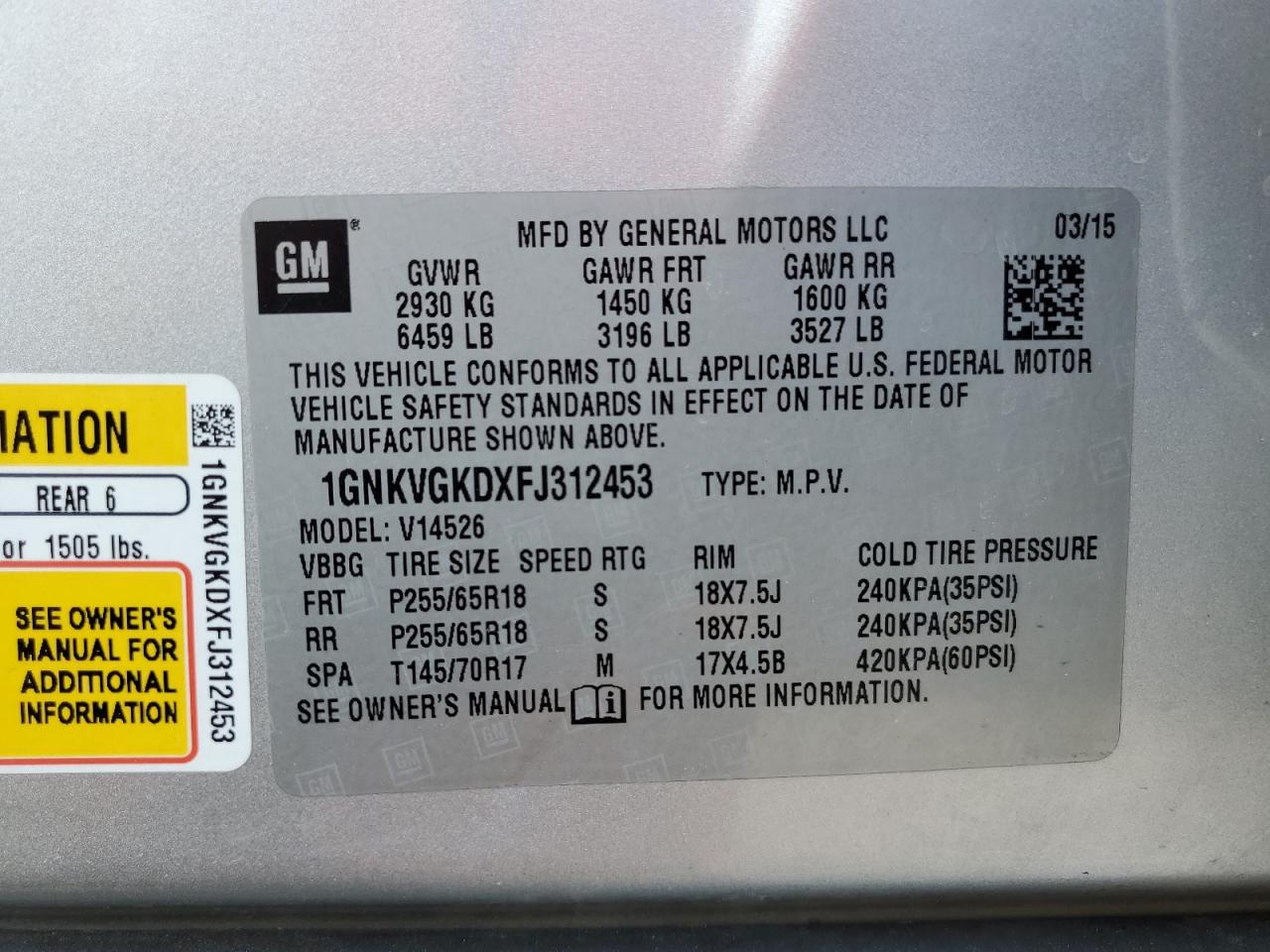 2015 Chevrolet Traverse VIN 1GNKVGKDXFJ312453 Copart auction photo, side / front end damage thumbnail 12