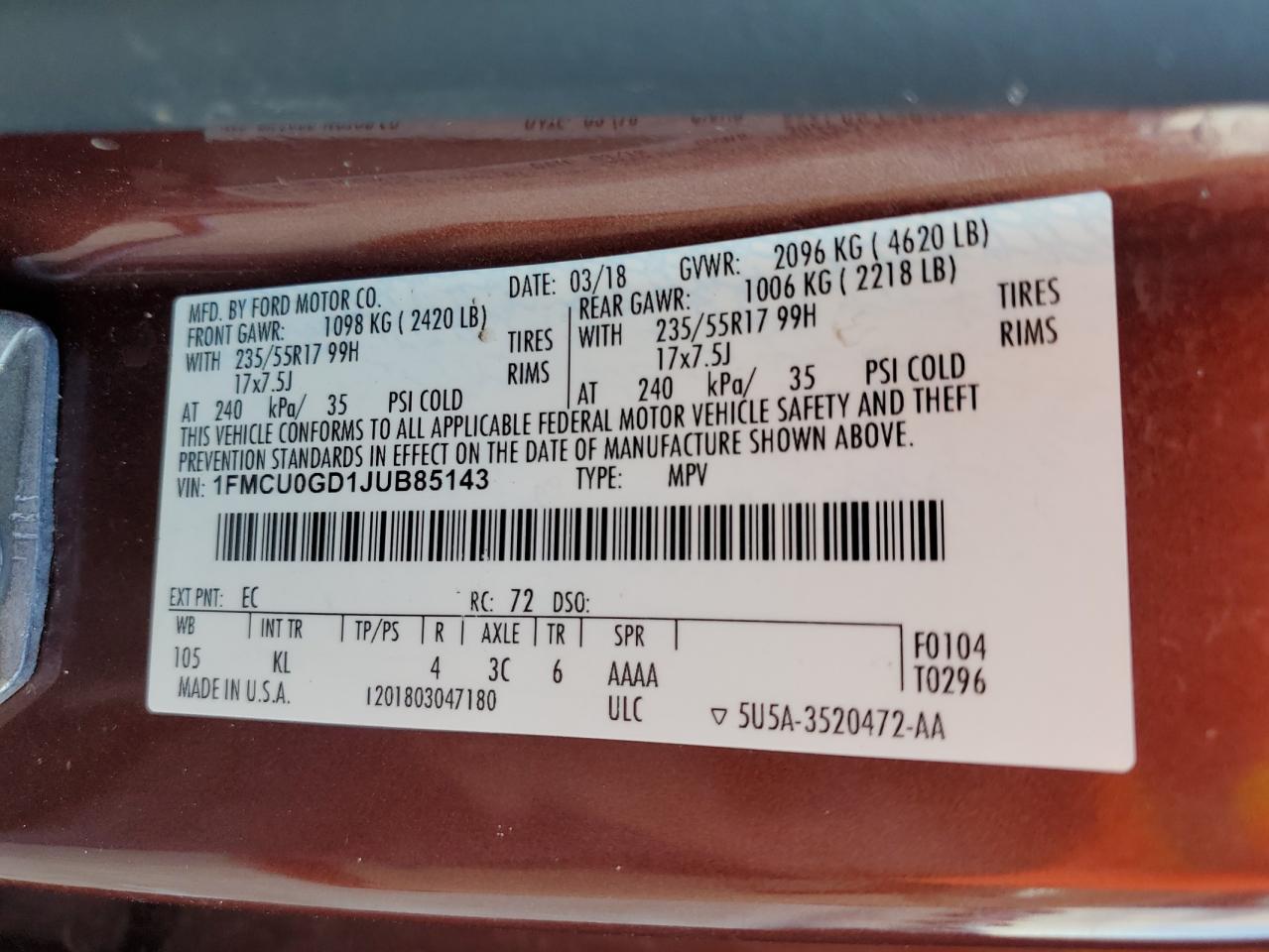 2018 Ford Escape VIN 1FMCU0GD1JUB85143 Copart auction photo, front end damage thumbnail 15
