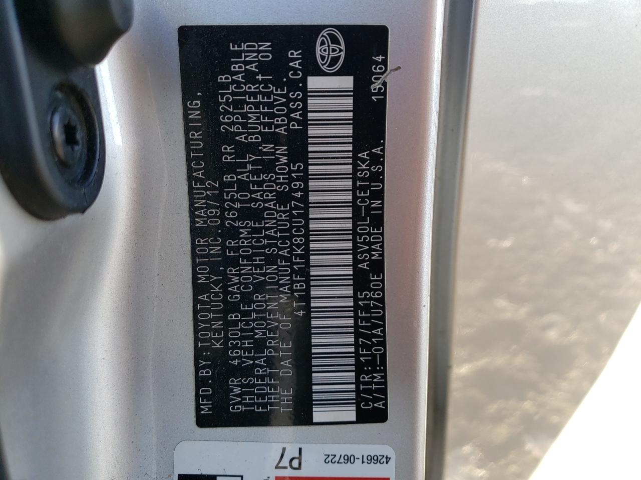 2012 Toyota Camry VIN 4T1BF1FK8CU174915 Copart auction photo, front end / minor dent/scratches damage thumbnail 12