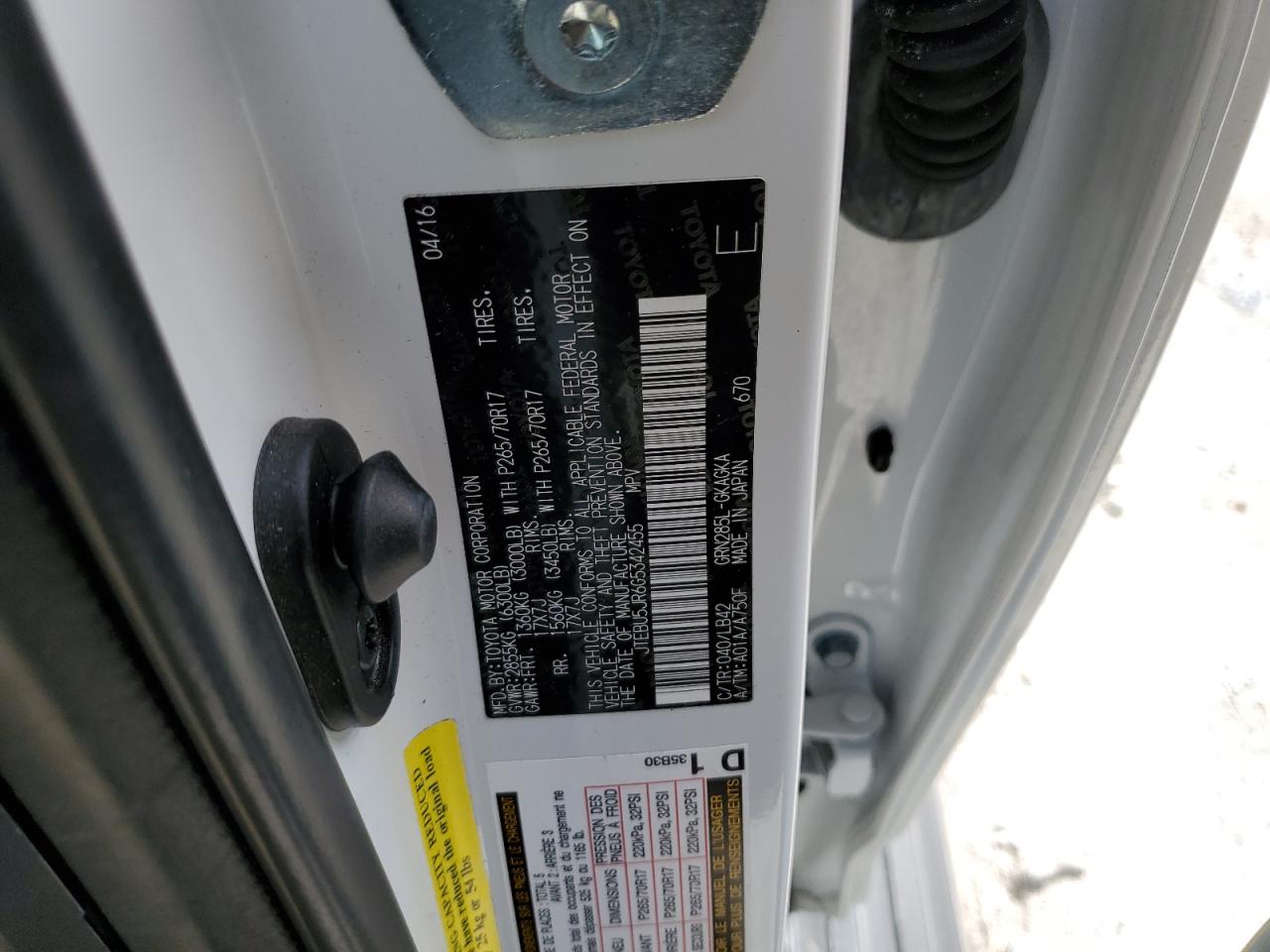 2016 Toyota 4Runner VIN JTEBU5JR6G5342455 Copart auction photo, front end damage thumbnail 15