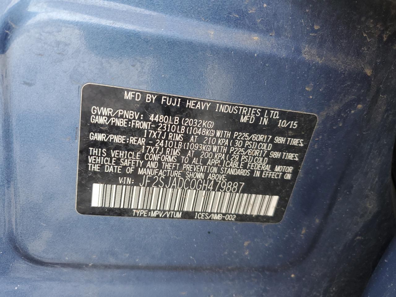 2016 Subaru Forester VIN JF2SJADC0GH479887 Copart auction photo, front end damage thumbnail 13