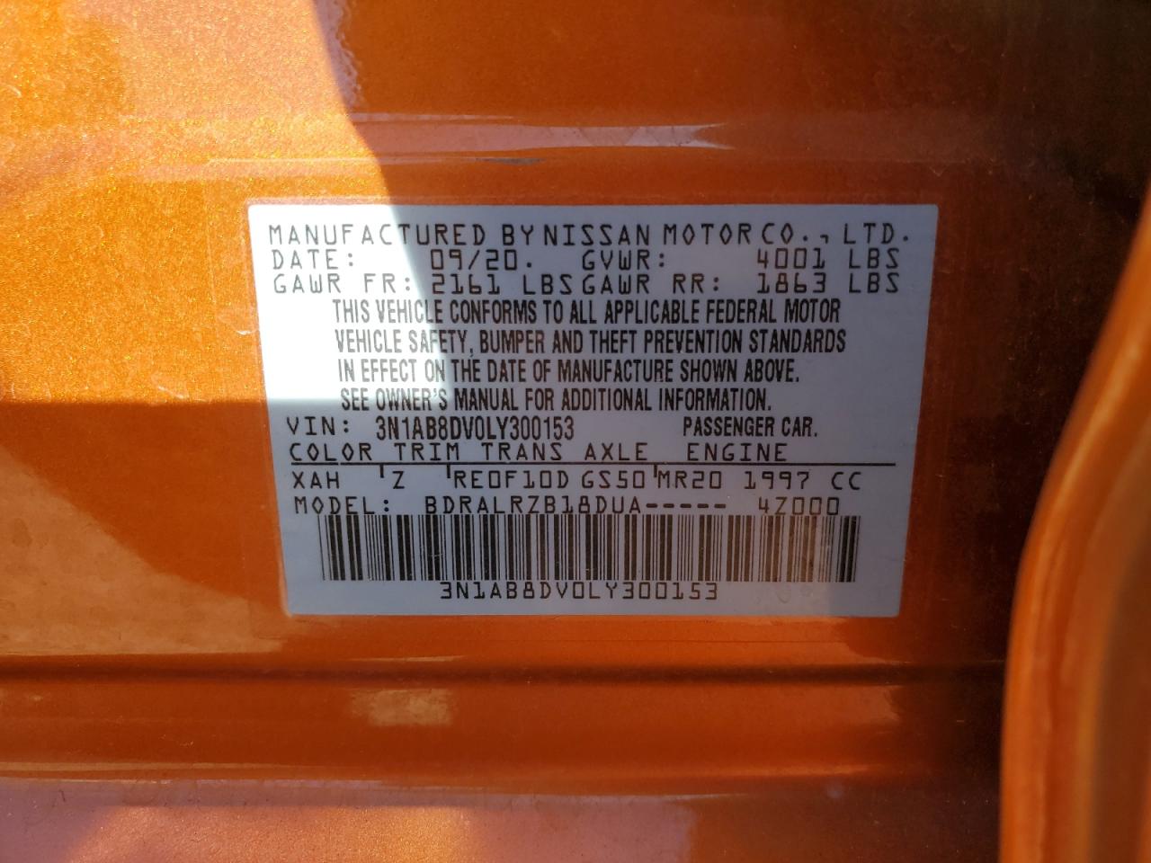 2020 Nissan Sentra VIN 3N1AB8DV0LY300153 Copart auction photo, front end damage thumbnail 15