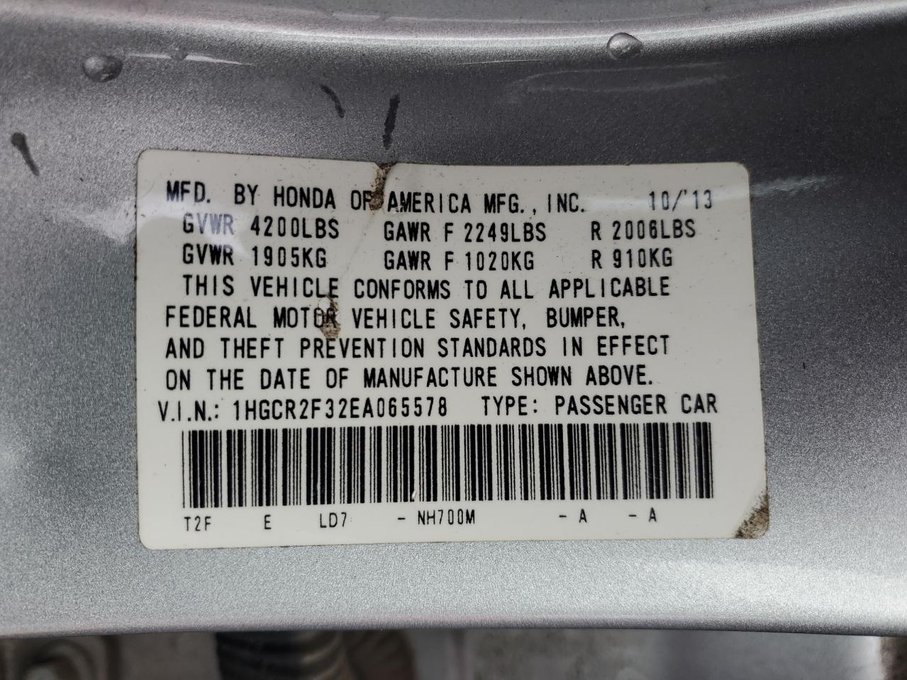 2014 Honda Accord VIN 1HGCR2F32EA065578 Copart auction photo, front end / side damage thumbnail 12
