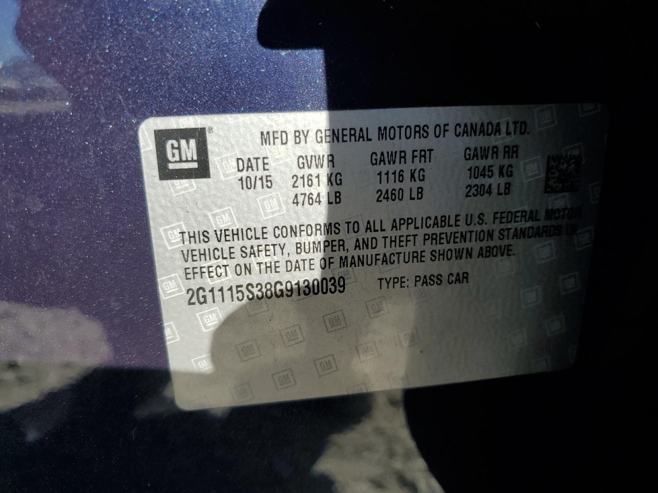 2016 Chevrolet Impala VIN 2G1115S38G9130039 Copart auction photo, front end damage thumbnail 13