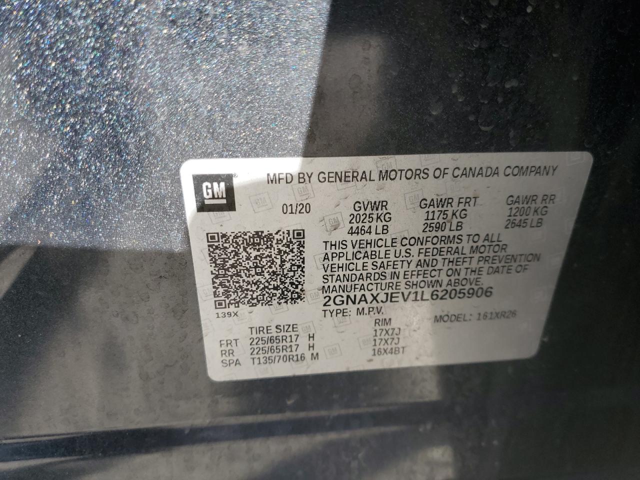 2020 Chevrolet Equinox VIN 2GNAXJEV1L6205906 Copart auction photo, rear end / frame damage damage thumbnail 13