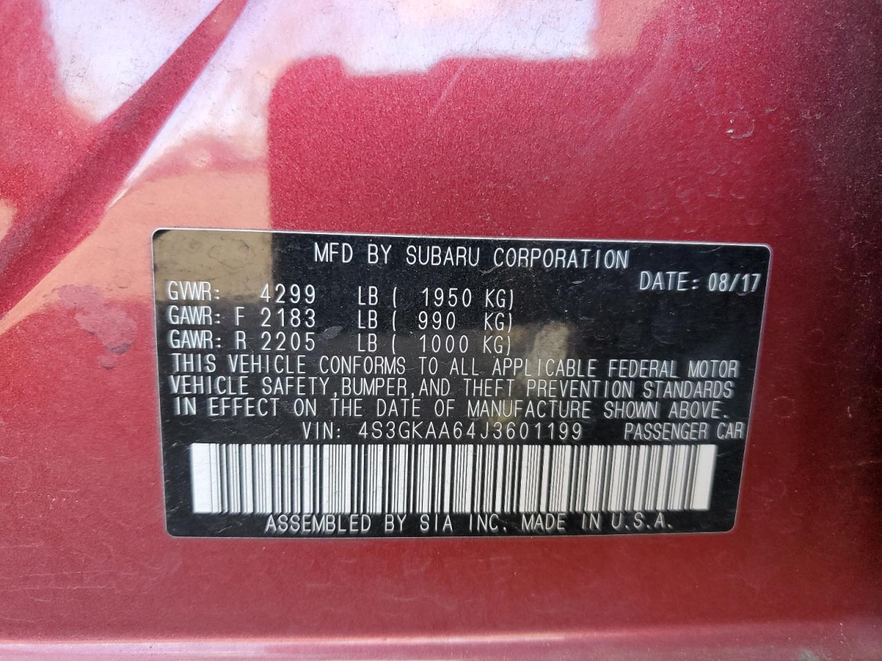 2018 Subaru Impreza VIN 4S3GKAA64J3601199 Copart auction photo, front end damage thumbnail 14
