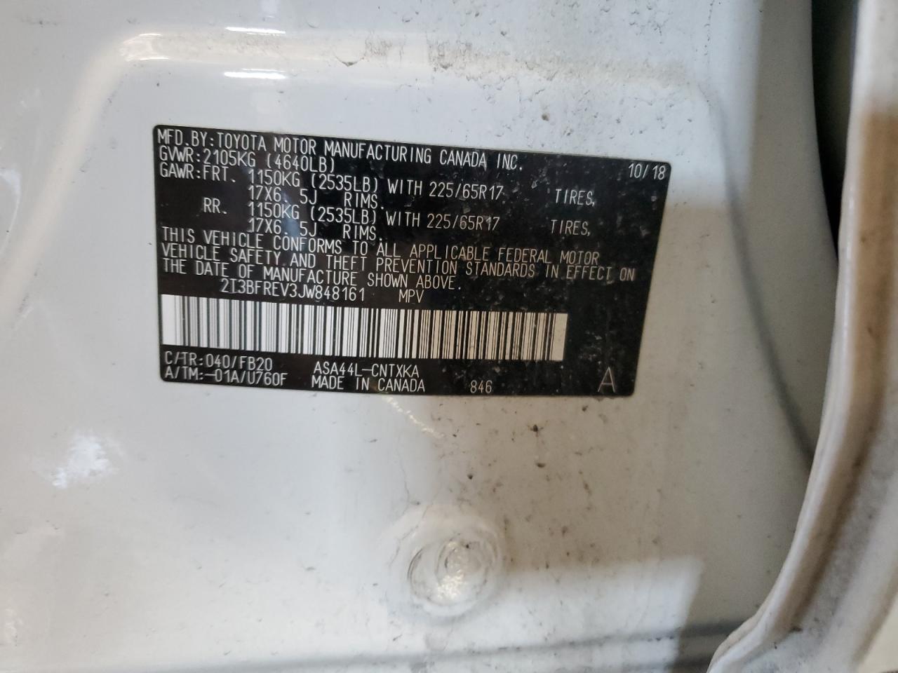 2018 Toyota RAV 4 VIN 2T3BFREV3JW848161 Copart auction photo, front end / side damage thumbnail 15