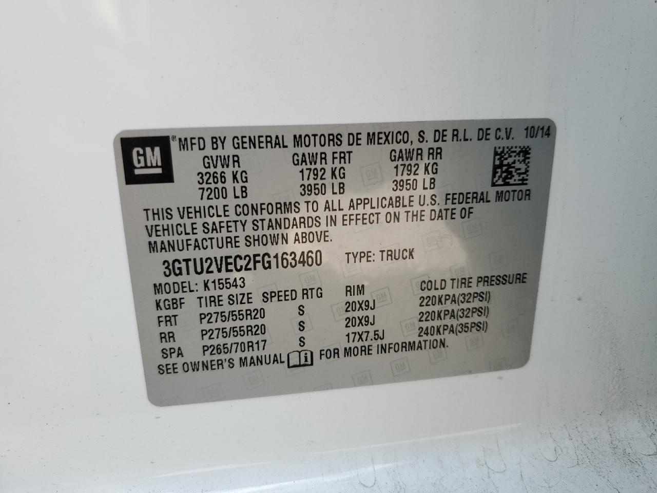 2015 GMC Sierra VIN 3GTU2VEC2FG163460 Copart auction photo, front end damage thumbnail 12