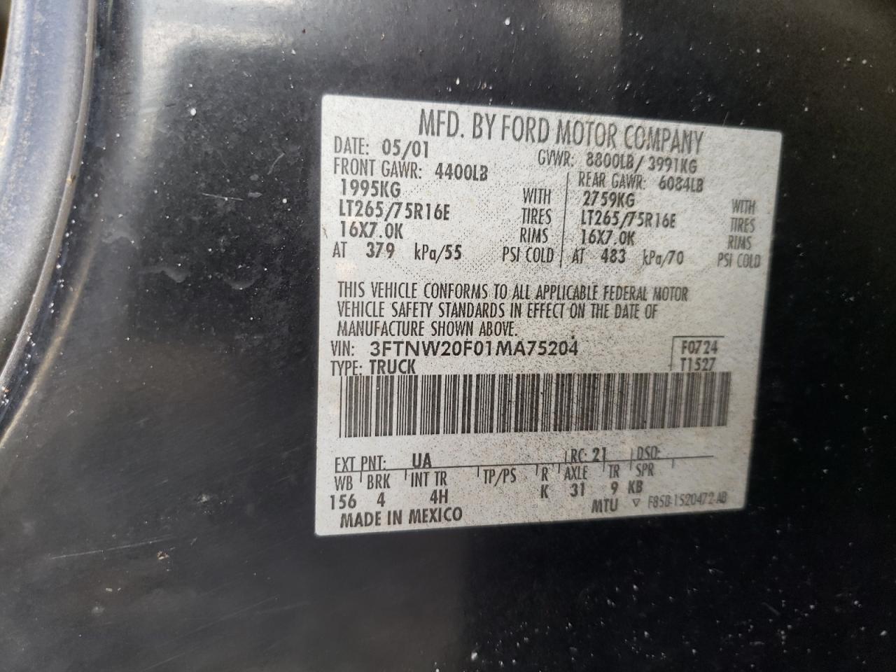 2001 Ford F250 VIN 3FTNW20F01MA75204 Copart auction photo, water/flood damage thumbnail 13