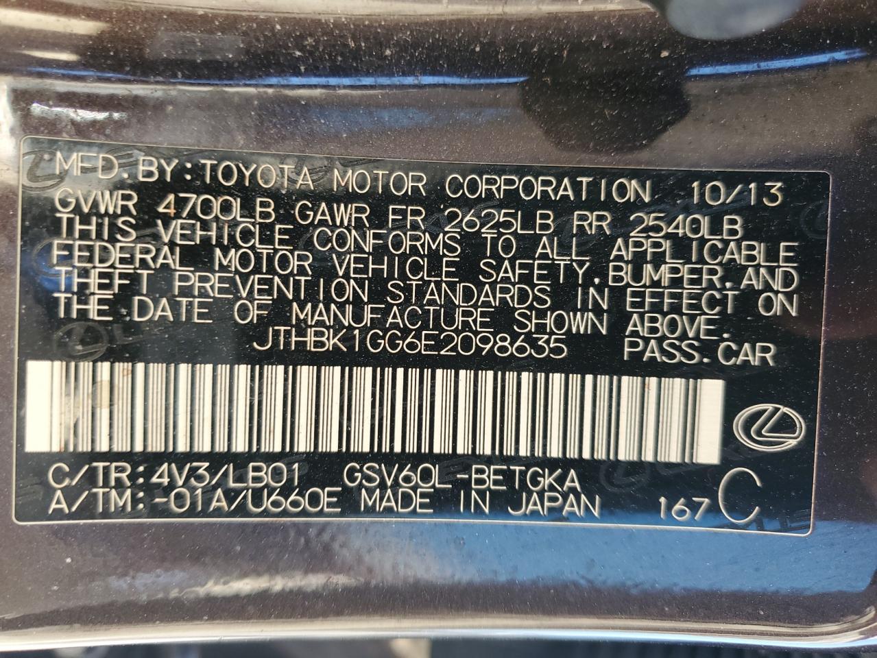 2014 Lexus ES VIN JTHBK1GG6E2098635 Copart auction photo, front end / rear end damage thumbnail 14
