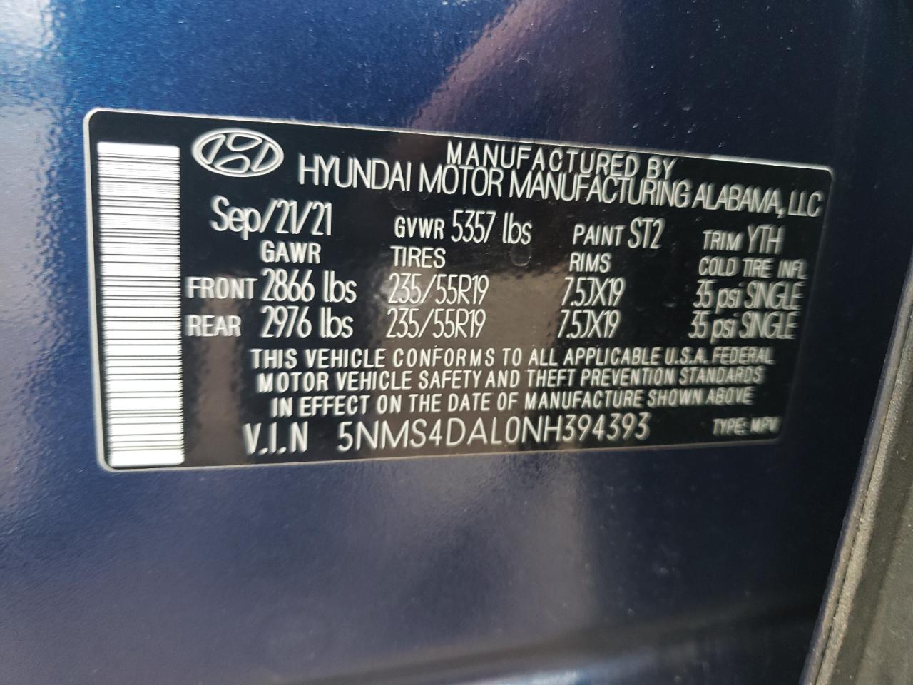 2022 Hyundai Santa Fe VIN 5NMS4DAL0NH394393 Copart auction photo, front end damage thumbnail 14