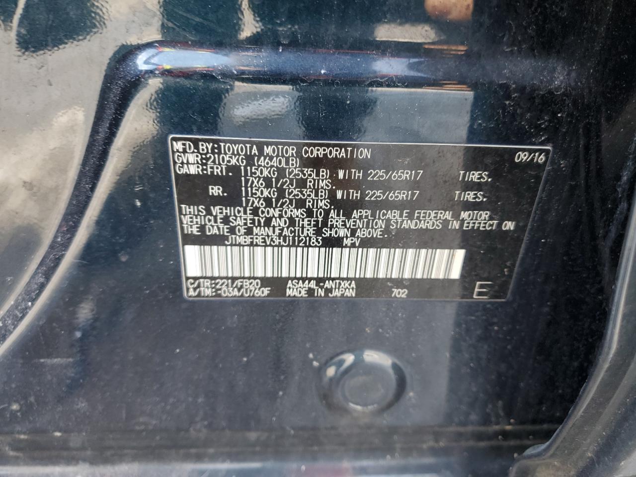 2017 Toyota RAV 4 VIN JTMBFREV3HJ112183 Copart auction photo, frame damage / front end damage thumbnail 14