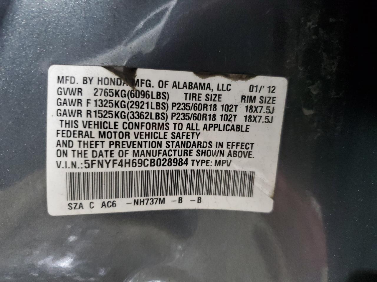 2012 Honda Pilot VIN 5FNYF4H69CB028984 Copart auction photo, side / minor dent/scratches damage thumbnail 13