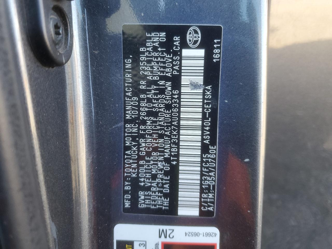 2010 Toyota Camry VIN 4T1BF3EK7AU063346 Copart auction photo, rear end damage thumbnail 14