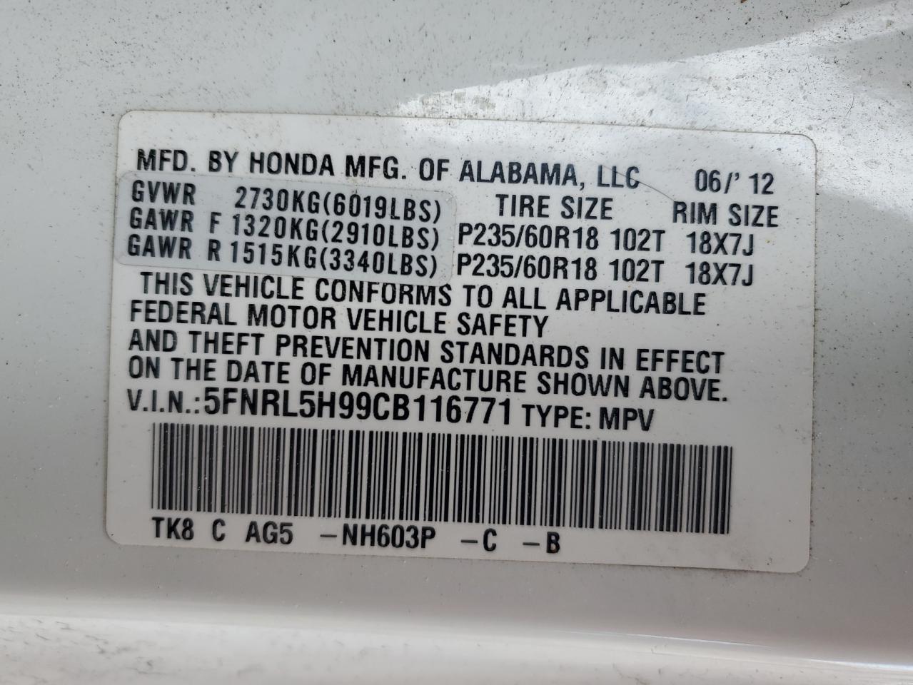 2012 Honda Odyssey VIN 5FNRL5H99CB116771 Copart auction photo, side / mechanical damage thumbnail 15