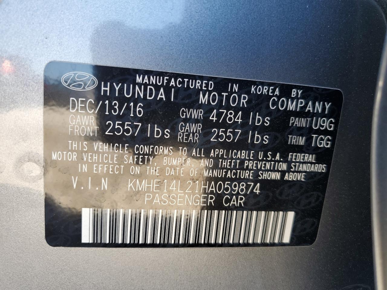 2017 Hyundai Sonata VIN KMHE14L21HA059874 Copart auction photo, minor dent/scratches damage thumbnail 12