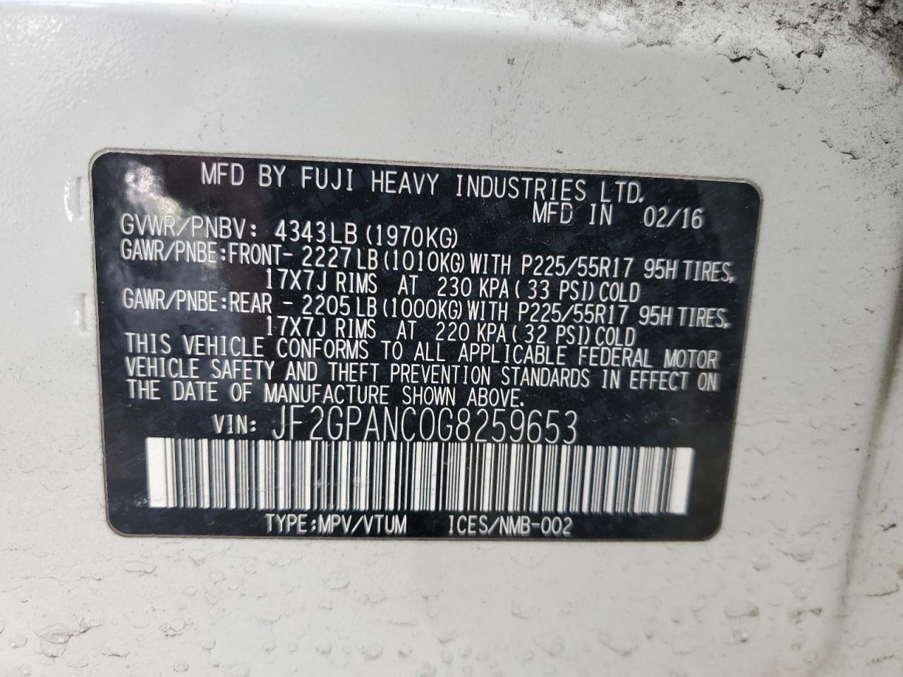 2016 Subaru XV VIN JF2GPANC0G8259653 Copart auction photo, front end damage thumbnail 13