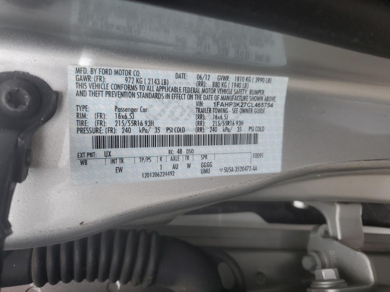 2012 Ford Focus VIN 1FAHP3K27CL465754 Copart auction photo, front end / undercarriage damage thumbnail 13