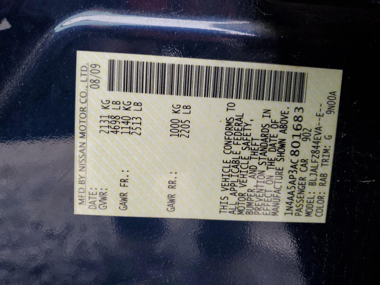 2010 Nissan Maxima VIN 1N4AA5AP3AC801683 Copart auction photo, front end / mechanical damage thumbnail 15