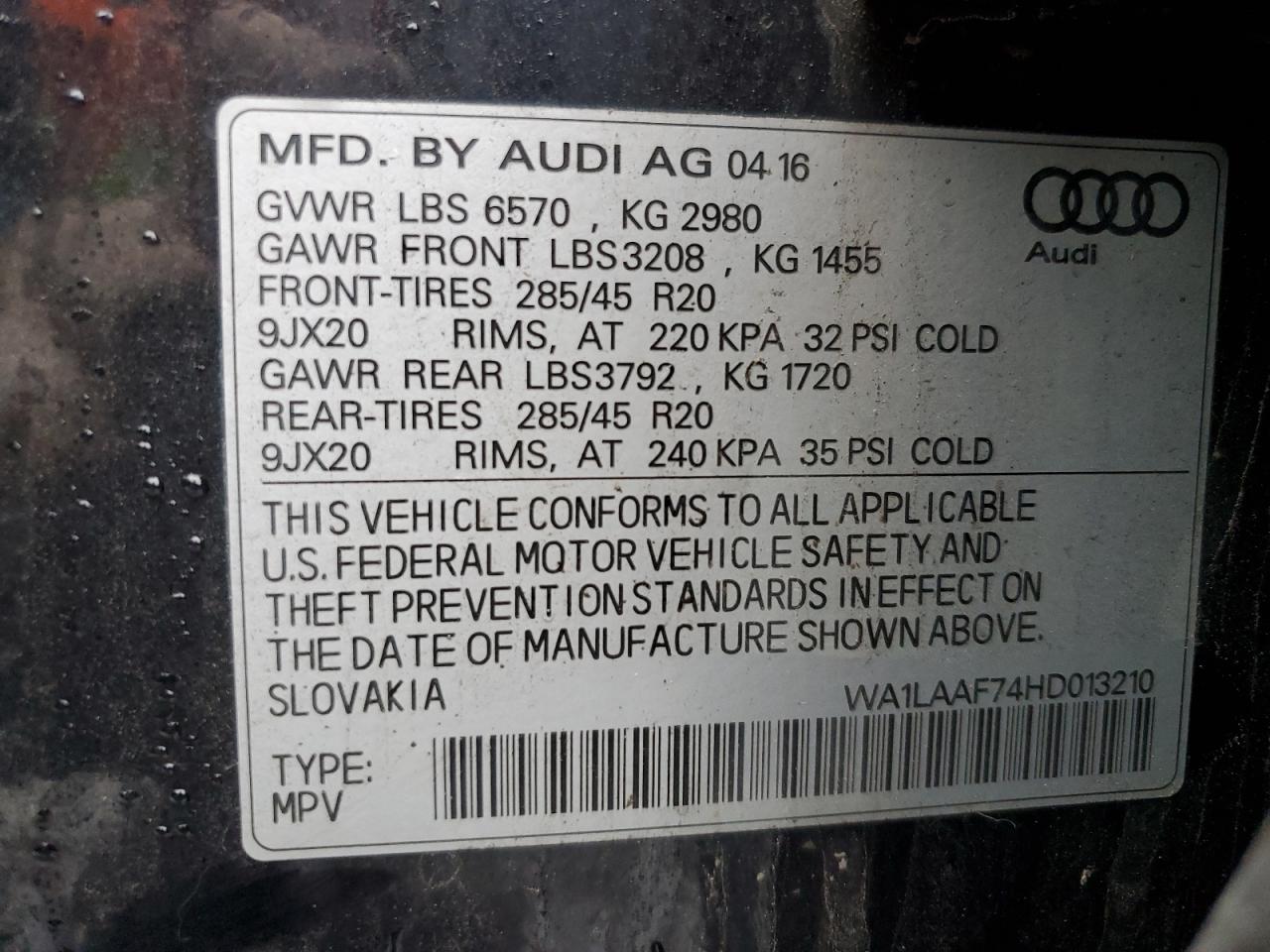 2017 Audi Q7 VIN WA1LAAF74HD013210 Copart auction photo, front end damage thumbnail 13