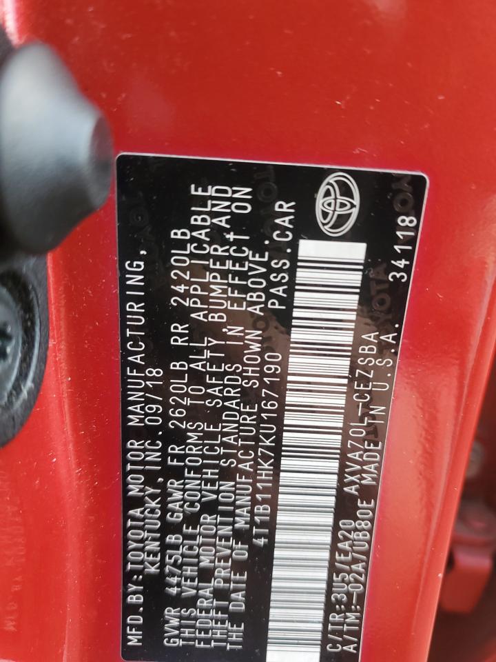 2019 Toyota Camry VIN 4T1B11HK7KU167190 Copart auction photo, rear end damage thumbnail 12