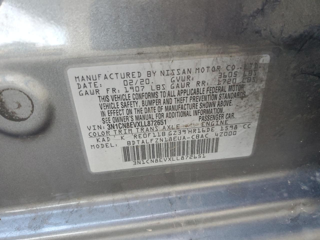 2020 Nissan Versa VIN 3N1CN8EVXLL872651 Copart auction photo, rollover damage thumbnail 12