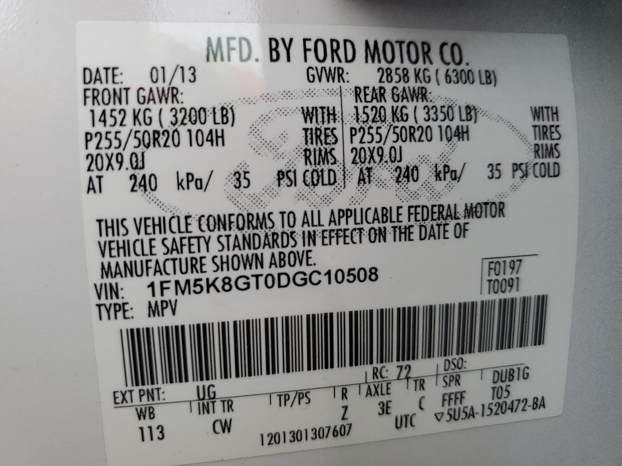 2013 Ford Explorer VIN 1FM5K8GT0DGC10508 Copart auction photo, vandalism damage thumbnail 13