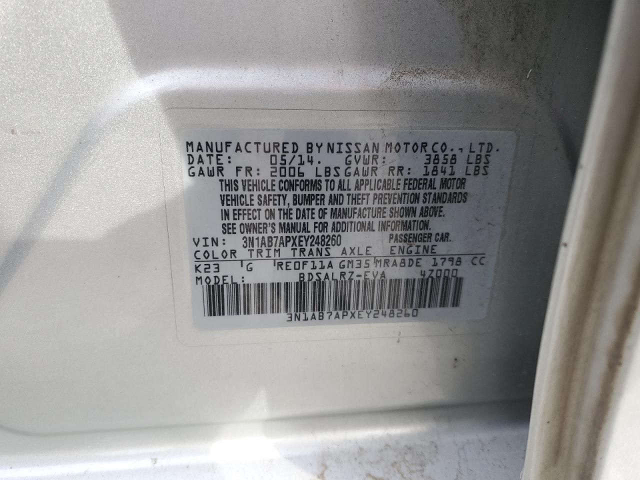 2014 Nissan Sentra VIN 3N1AB7APXEY248260 Copart auction photo, front end / side damage thumbnail 15